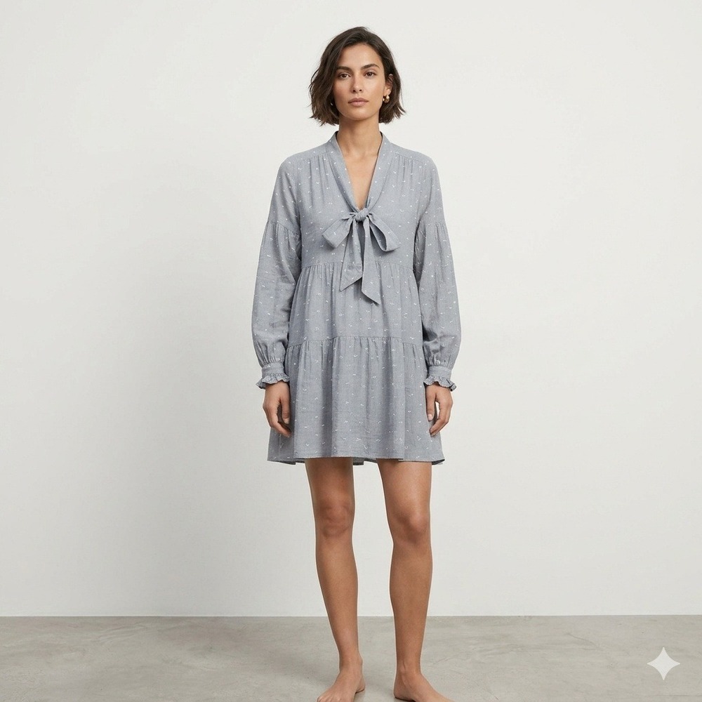 Zara Gray Swiss Dot Tiered Mini Dress V-Neck Tie Long Balloon Sleeve Small